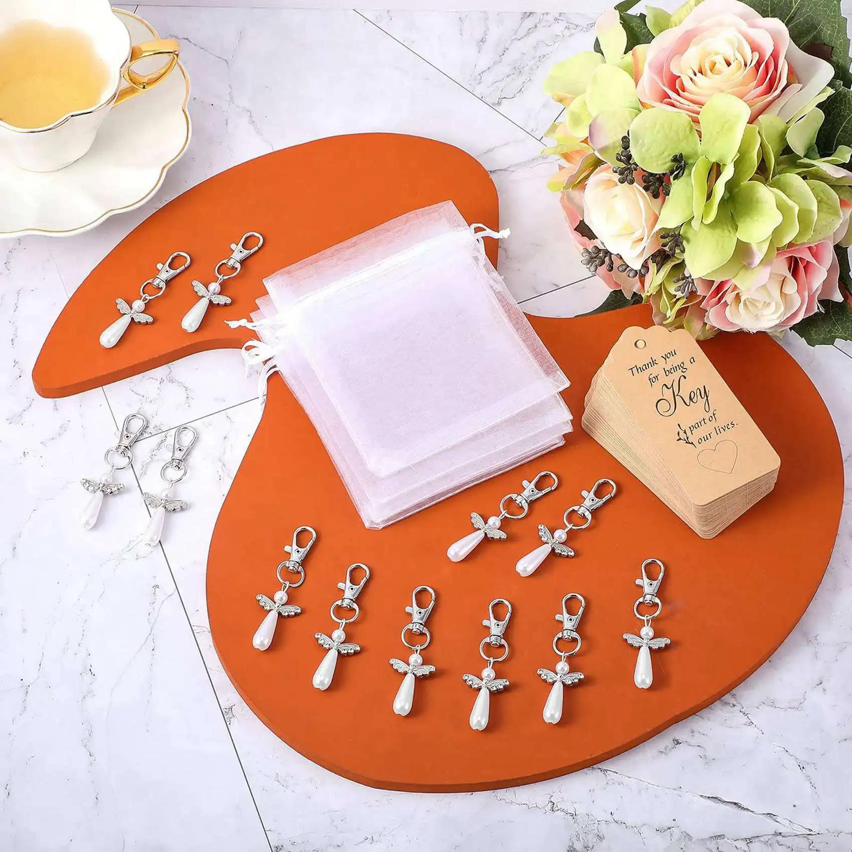 80Pcs Thank You Gift Angel Keychains Wedding Favors Guardian Angel For Christening Baby Shower Birthday Giveaway-AT36