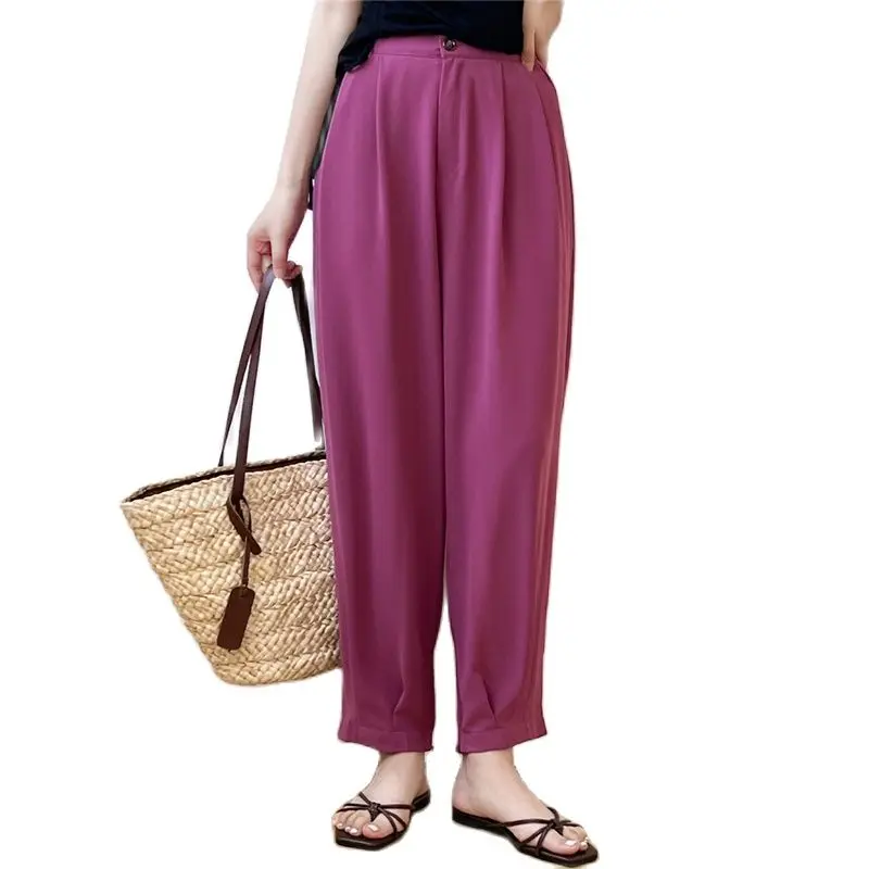 

Casual Suit Pants Women's 2022 Summer New Style Covering Crotch Thin Wide Leg Trousers Button Loose High Waist Grandma's Pants
