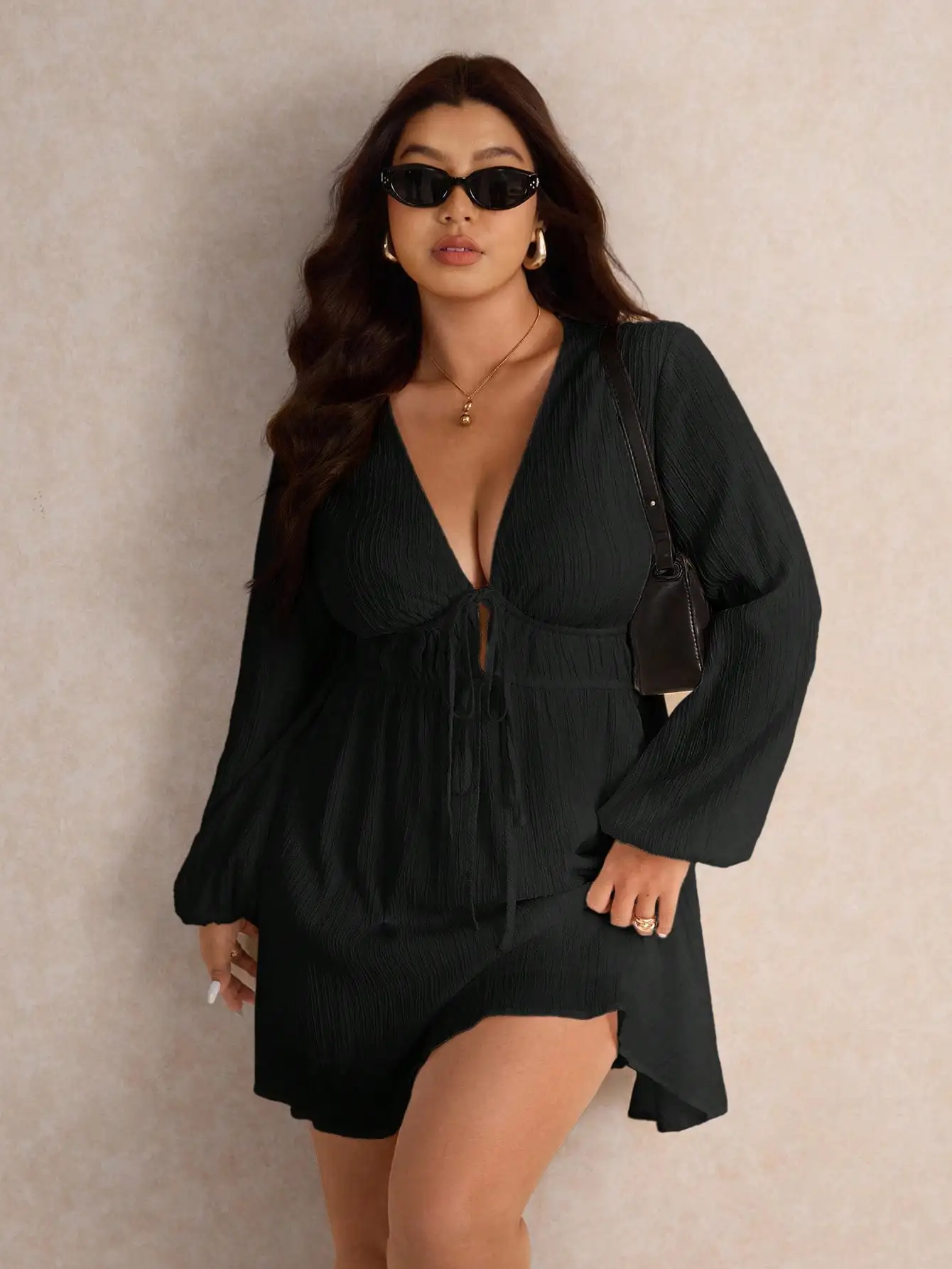 

Plus Size Women Solid Deep V-Neck Tie Front Lantern Sleeve Sexy Mini Dress Spring
