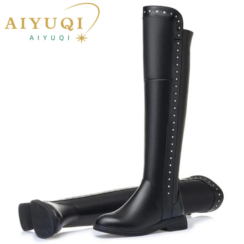 AIYUQI Womens Knee High Boots Winter 2024 New Genuine Leather Women Thigh High Boots Plus Size Wool Warm Women's High Boots