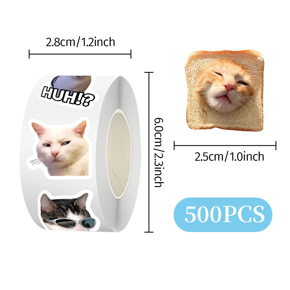 500pcs/roll Cute Funny Cat Meme Stickers Sealing Labels Decals Stationery Notebook Phone Kawaii Cartoon Animals Kitten Sticker