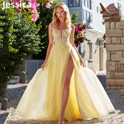 Jessica Lace Embroidery Prom Dresses Yellow Tulle Green 2024 Vestidos De Noche Sexy Side Slit Princess Graduation Party Dressese