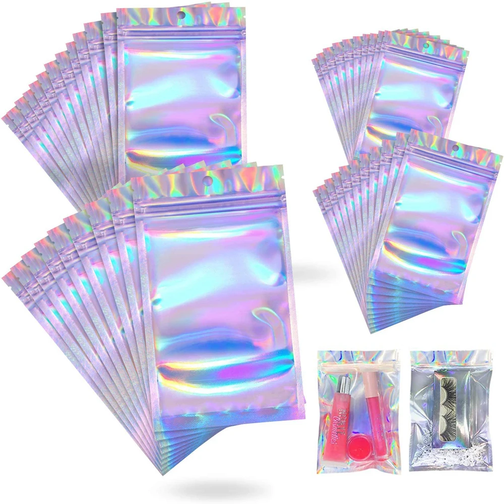 50/100PCS Holographic Laser Lashes Packaging Boxes Resealable Eyelashes Zip Lock Storage Bags Pouch cosmetic Package Box