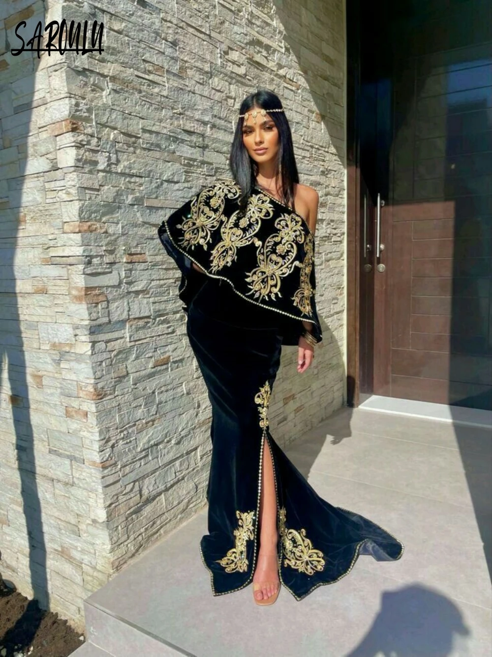 Black Velvet Evening Dresses Elegant Mermaid Prom Dress Caftan Kaftan Gold Applique Floor-length Customized Gown Robe De Mariée