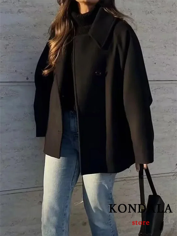 

KONDALA Casual Vintage Chic Women Overcoat Solid Pocket Turn-down Collar Single Breasted Loose Coat New Fashion 2024 Winter Coat