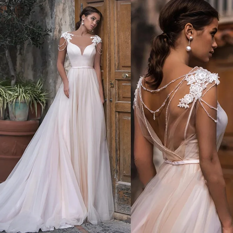 

A-Line Style Short Sleeves Backless Princess Wedding Dress Illusion Can Be Customized Lace Appliques Wedding Dress