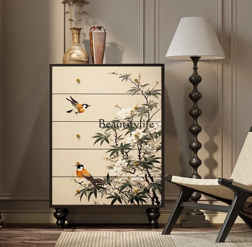 French medieval bedside cabinet flower and bird creative solid wood drawer storage dining side cabinet