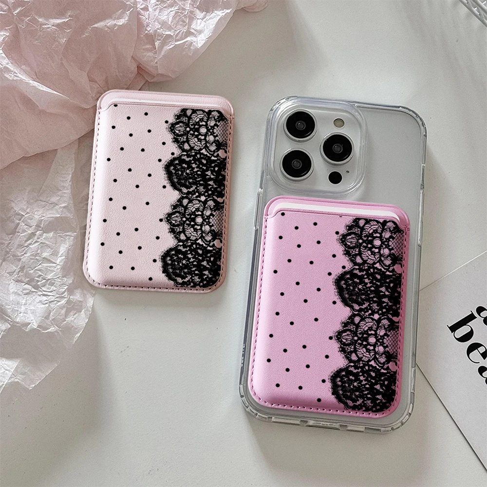 Gepunktete Spitzen-Leder-Kartenhülle Telefonkartenhalter Magnetische Hülle Geeignet für alle iPhones mit Magsafe-Kartenfunktion Rückseitentasche – Detail 1
