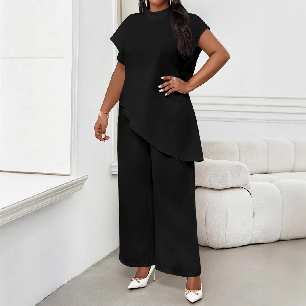 2 Piece Sets Women Irregular Top Straight Pants Suit Trousers Outfits Round Collar Short Sleeve Ensemble Summer 2025 Office Lady