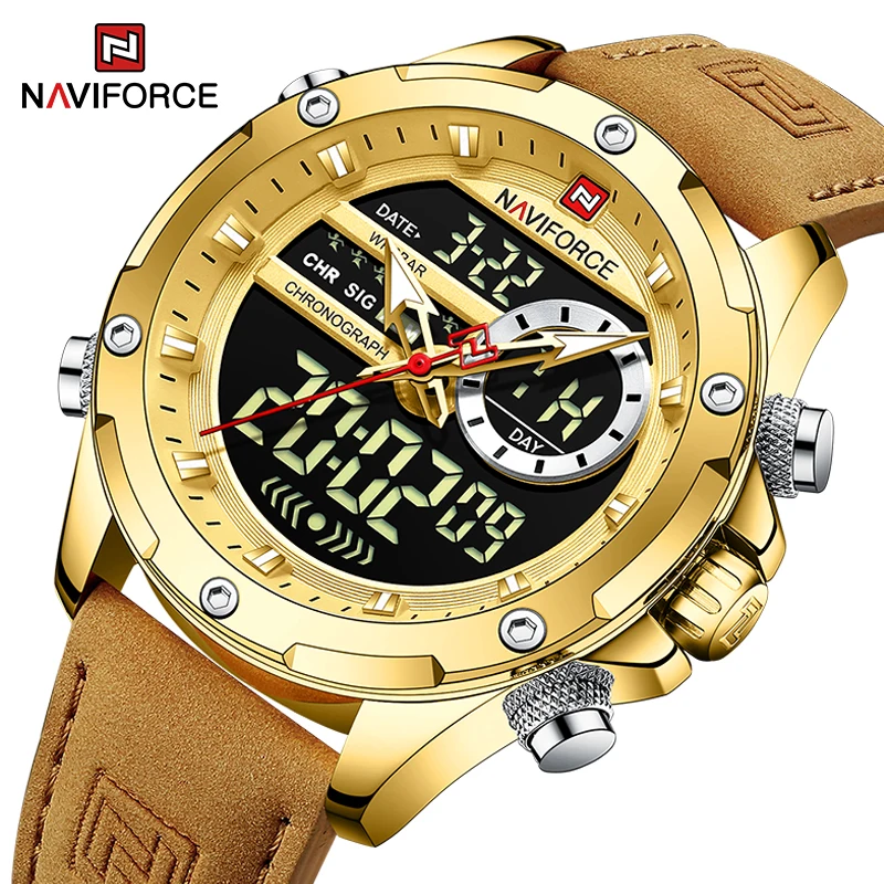 NAVIFORCE Classic Brand Man Genuine Leather Waterproof Wrist Watch Sports Casual Male Quartz Digital Military Chronograph Clocks