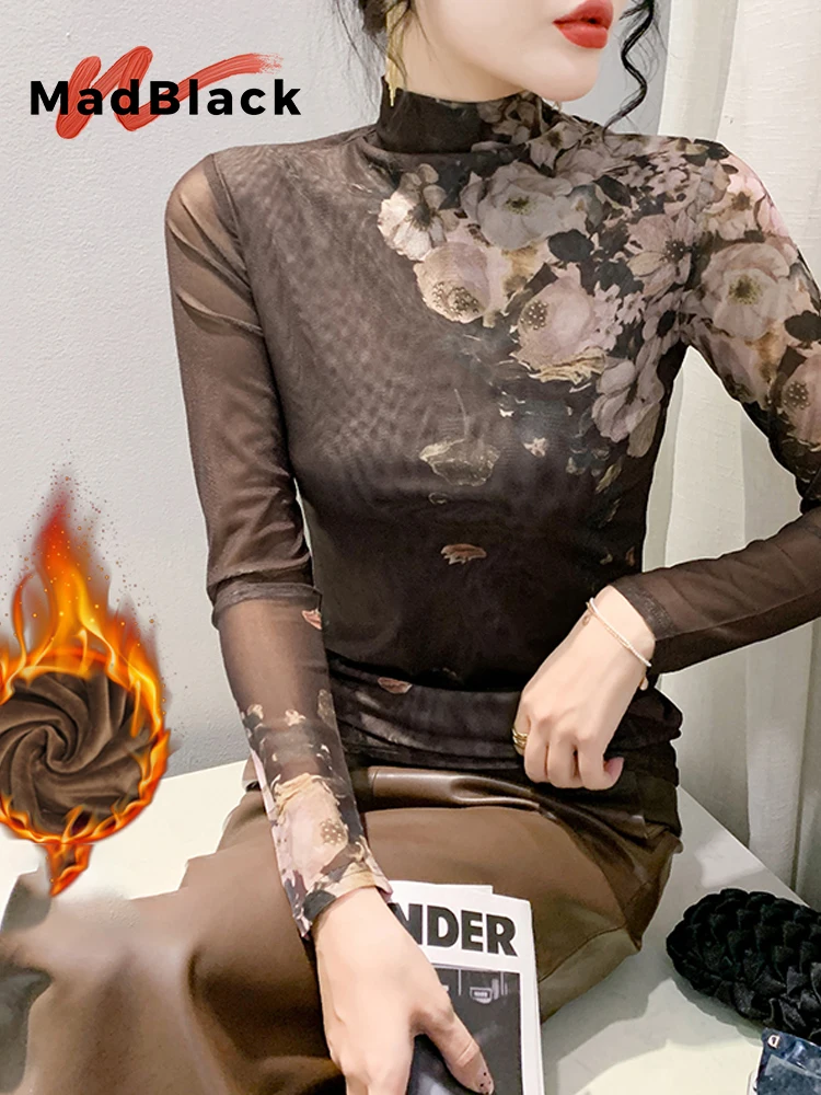 

MadBlack-Women's European Fleece T-Shirt, Sexy Turtleneck Floral Print, Retro Long Sleeve Slim S-3XL Tee, 2025 Autumn T5N203CC