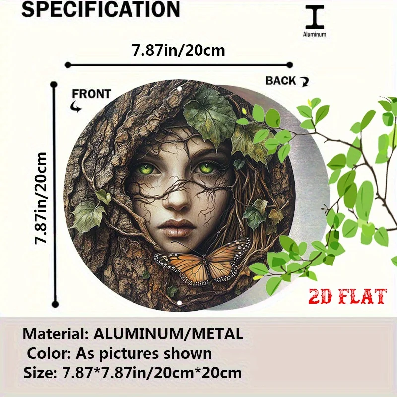 HD Tin Sign Tree Nymph Face With Butterfly Round Vintage Metal Wall Art Retro Witchy Decor