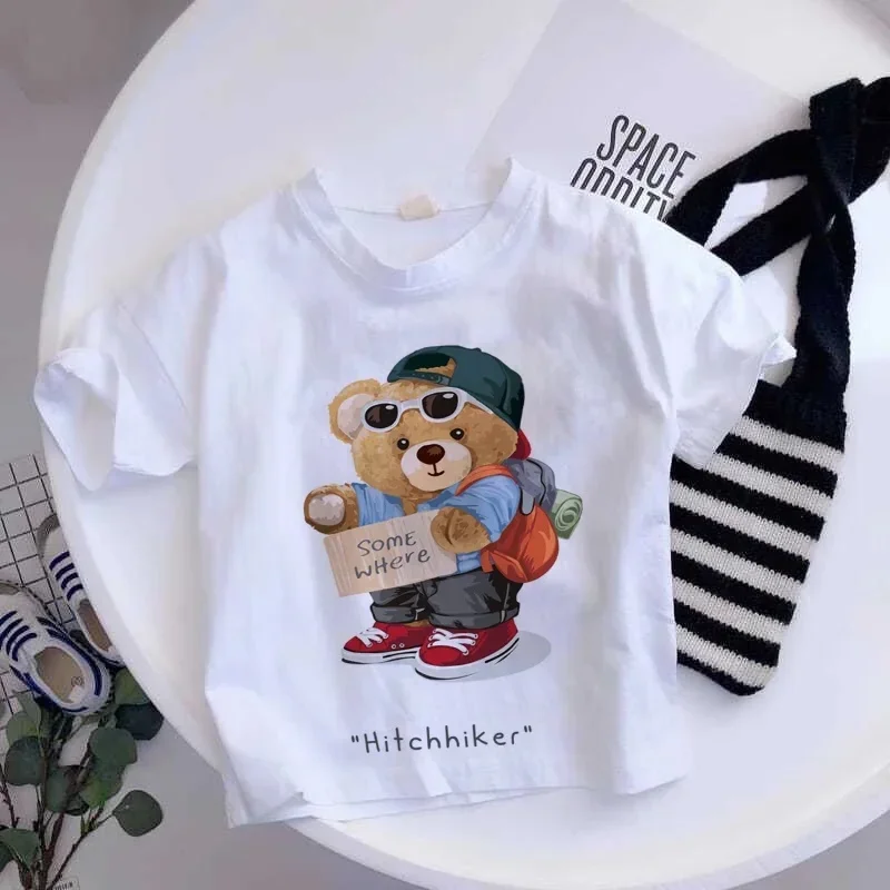 Backpack Travel Bear Wearing Cap Sunglasses Somewhere Sign Pattern Printed Short Sleeve T Shirt Casual Outfit For Boys Girls
