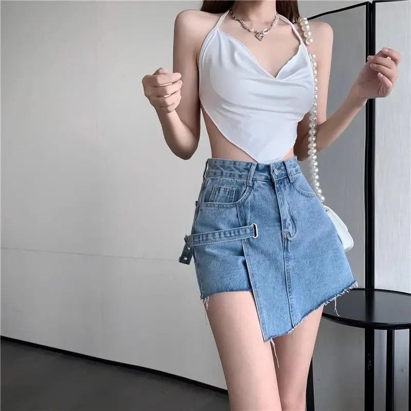 Denim Short Culottes With Irregular Misaligned Raw Edges, Slim Design And High Waist 2024 Summer New Style For Sexy Hot Girls