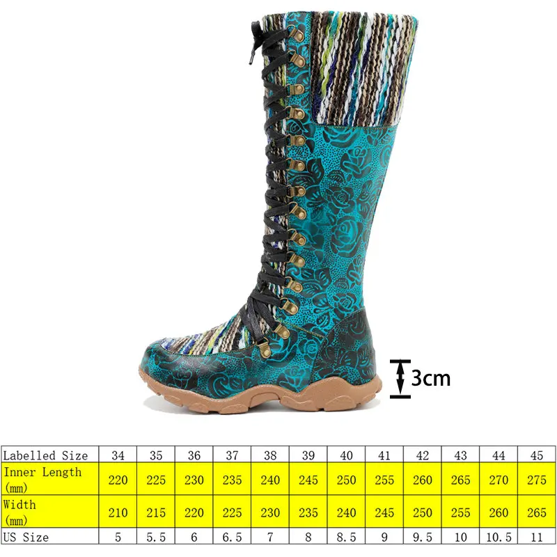 Koznoy Big Size Shoes for Women 3cm Print Sheepskin Leather Mid Calf Knee High Booties Chimney Autumn Winter Flats Woolen Weave