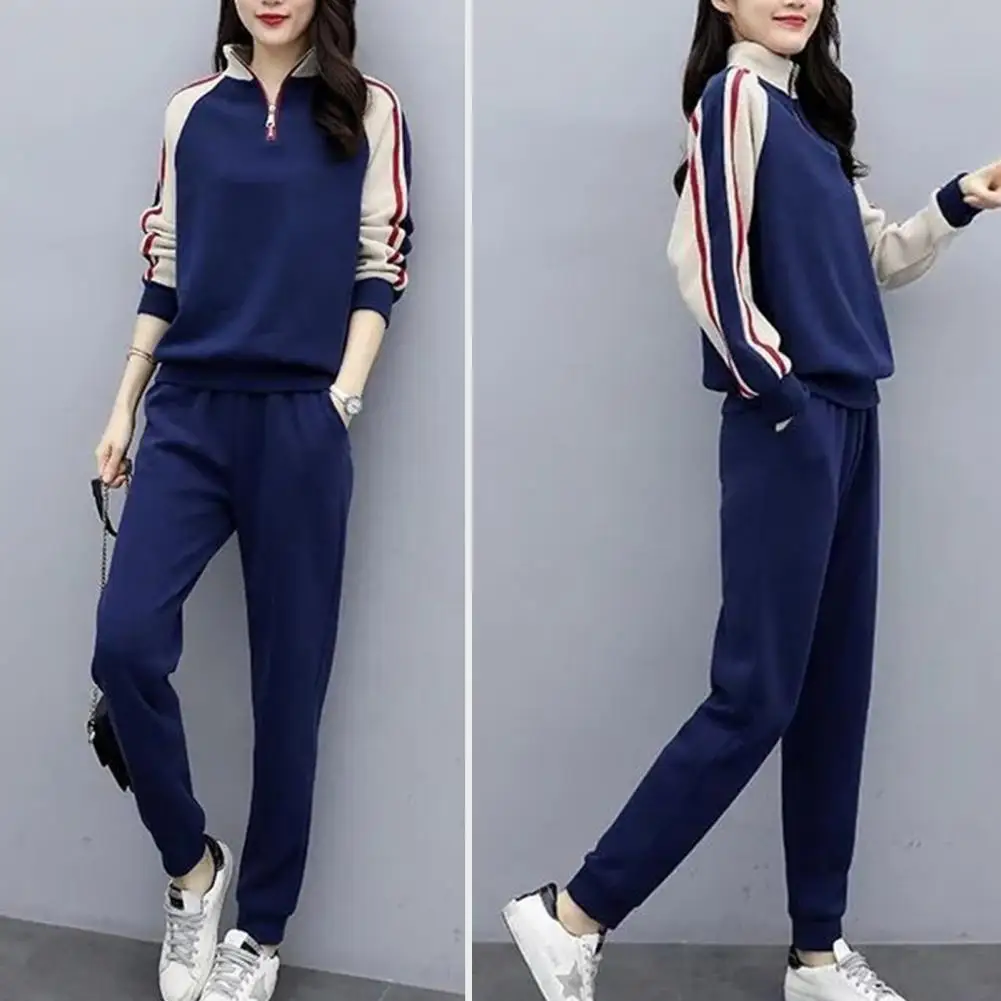 

Women Stylish Suit Set Women's Color Matching Tracksuit Set with Stand Collar Sweatshirt Elastic Waist Pants for Fall Winter 2