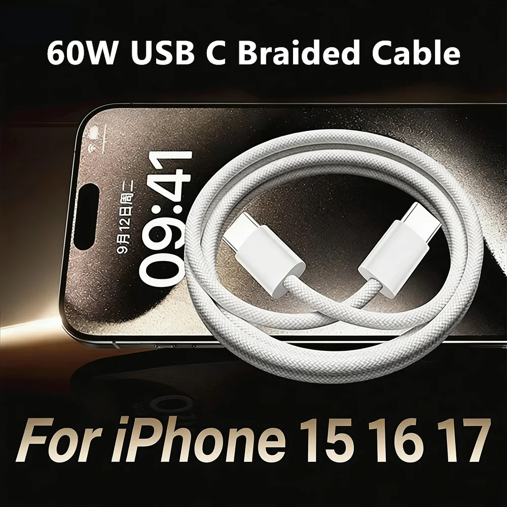PD 60W Dual USB-C Braided Cable For iPhone 15 16 Plus 17 Pro Max Fast Charging Type-C Cable For Samsung Xiaomi Redmi POCO Huawei