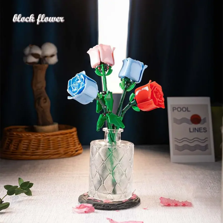 DIY Blue Roses Plants Peace and Hope Valentine\'s Day Gardens Building Blocks Classic Model Bricks Kids Sets Kits Toys