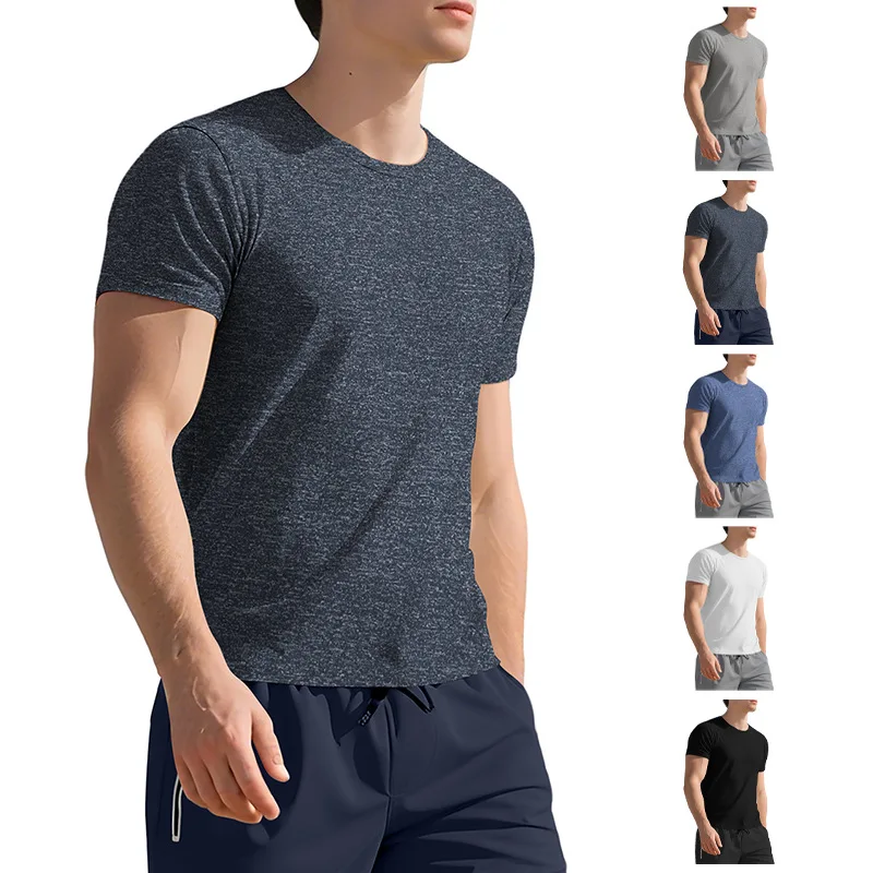 New Summer Men's Fitness Henry Neck T-Shirt Threaded Cotton Retro Slim Short Sleeve Casual