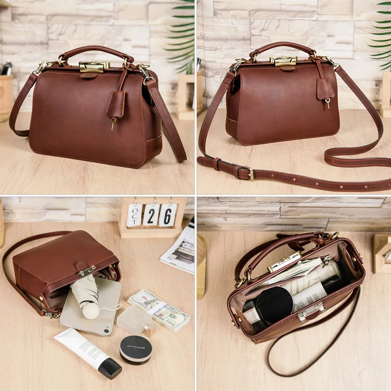 Full-grain oil bead cowhide multi-purpose women's shoulder oblique span bag anti-theft lock leather portable doctor bag
