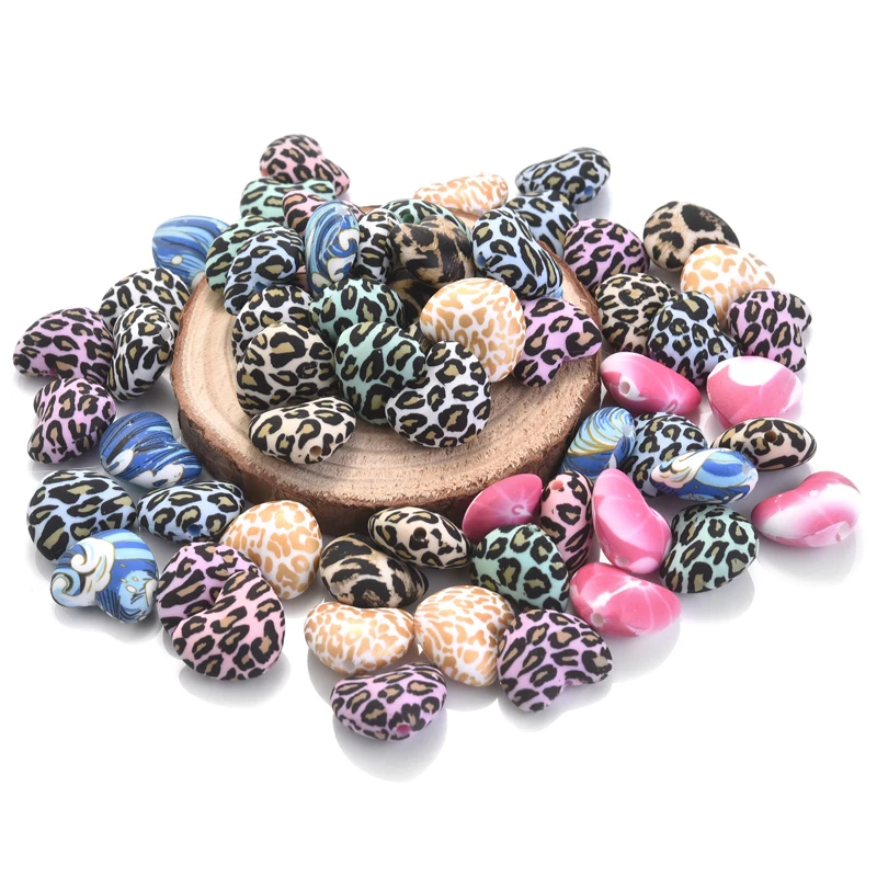 10Pcs Mini Heart Shape Silicone Teething Beads Leopard Print Teether Loose Bead DIY Jewelry Making Baby Pacifier Chain Accessory