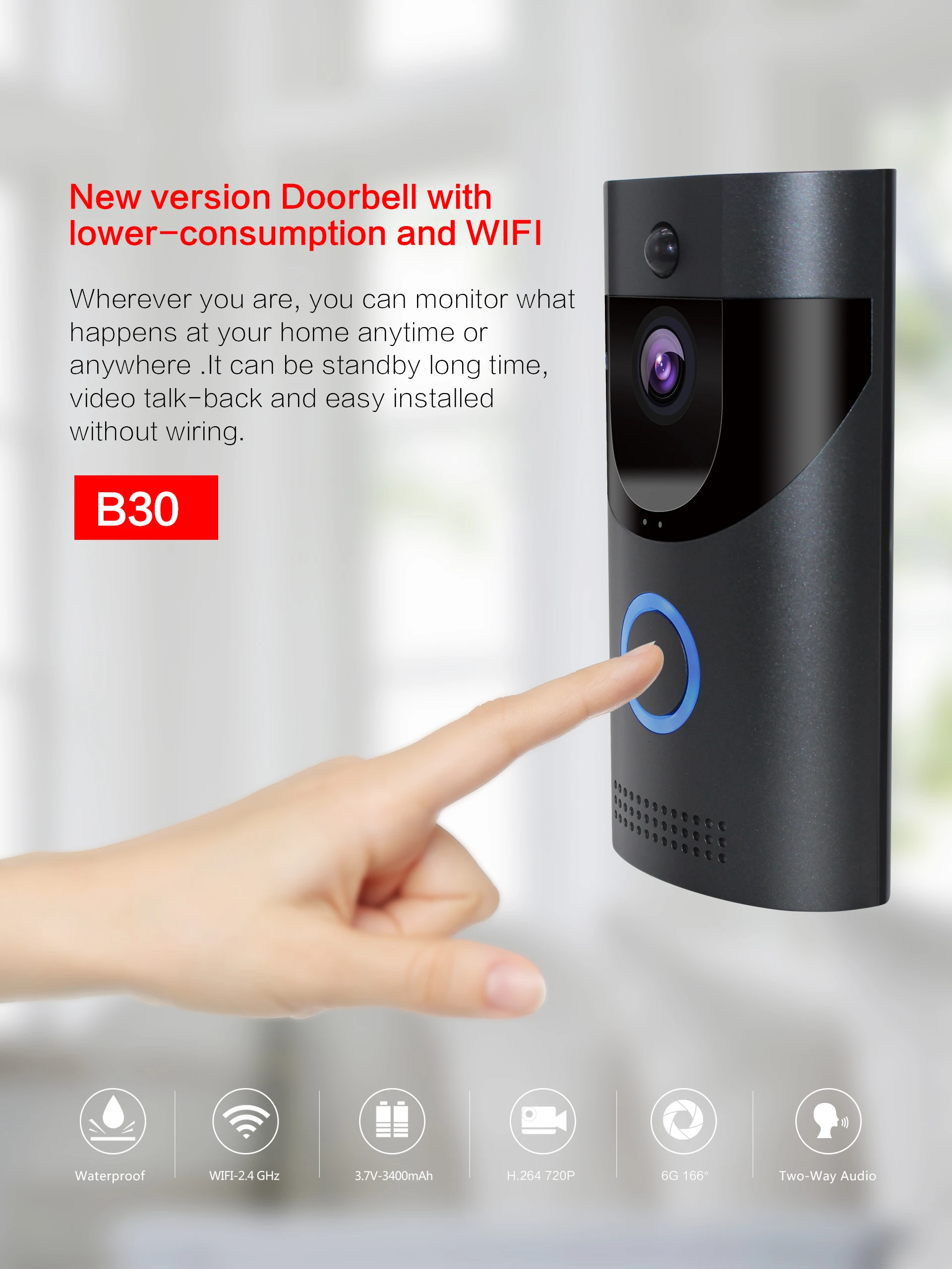 2MP 1080P B30 Tuya Battery Power WIFI IP Doorbell Visual Video Door Phone Long Time Standby Intercom Door Entry Peephole Viewer