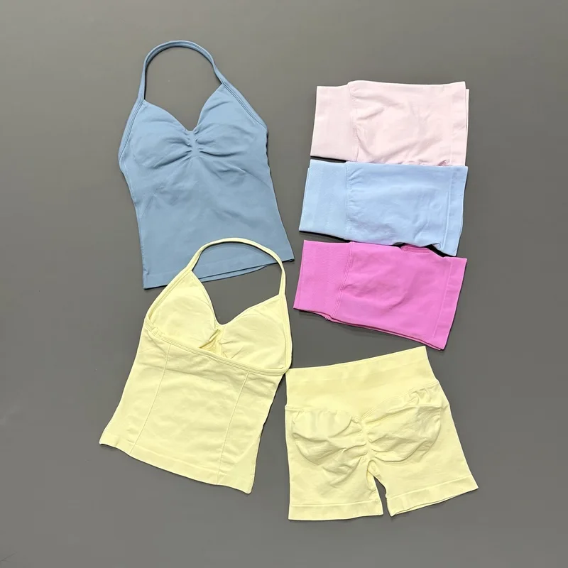 2Pcs HISTELLO Yoga Set Women Halter Tank Top Scrunch Butt Lifting Shorts Ruched Anti Chafe Quick Dry Gym Workout Sports Set
