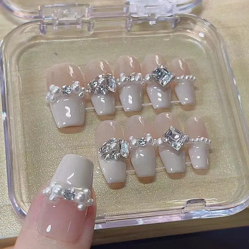 Uñas postizas cortas hechas a mano para mujer y niña, 10 piezas, perlas francesas con diamante, brillo desnudo, extraíble