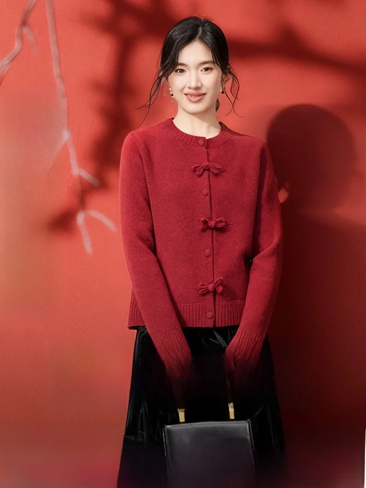 

Red Handmade Knitted Sweater Women's Spring 2026 New Sle Soft Elastic Cotton Wool Blend Open Cardigan Comfortable Long Sve