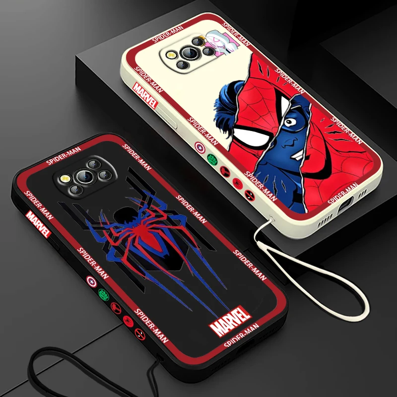 Marvel Spiderman Logos For Xiaomi Poco Cover For X4 X3 F4 NFC M6 M5 M4 M3 GT S Pro 4G 5G Liquid Left Rope Phone Case