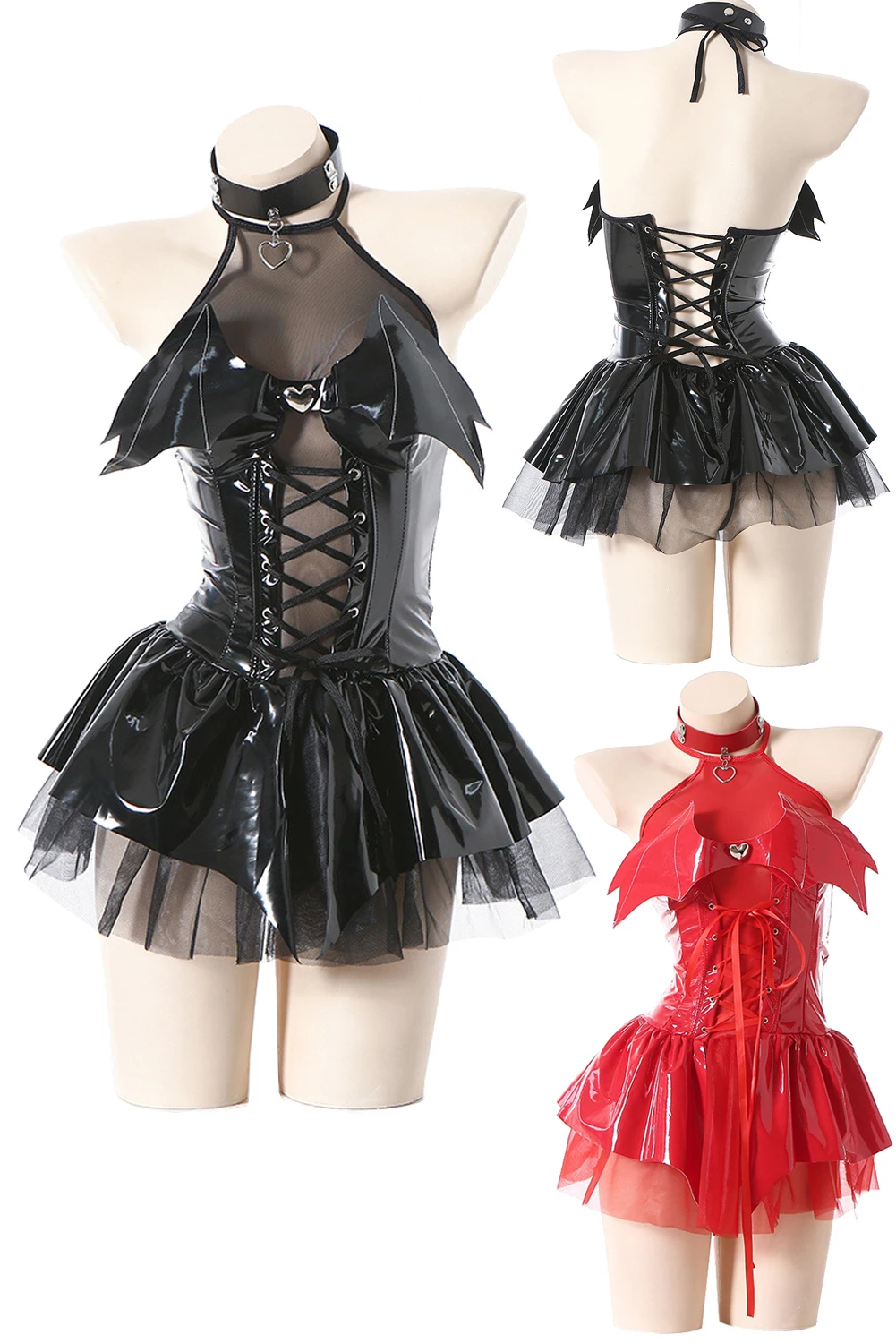 

Women Halloween Devil Cosplay Red Black Perspective Short Skirt Costume Outfits Girls Female Halloween Carnival Roleplay Suit