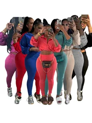 Women Set Autumn Sexy Drawstring Crop Sweat Top+Leggings Sets Casual Sport Two Pieces Joggers Set High Waist Tight Pants Set