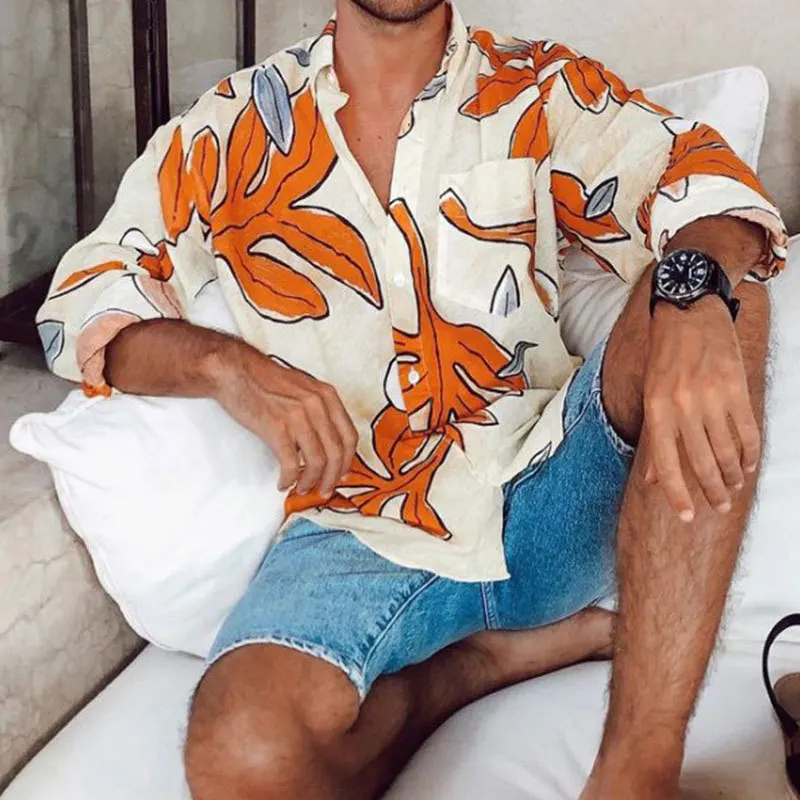 Men's Printed Shirt Beach Style Spring New Product Loose Casual Leaf Long Sleeve Flower Shirt 2026 Spring And Summer New Product