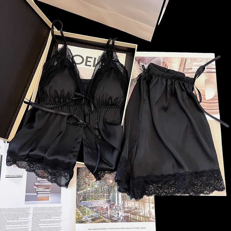 Sexy Women's Two-Piece Set of V-Neck Suspender with Chest Cushion Soft and Comfortable Shorts Summer Women's Home Pajamas Suit