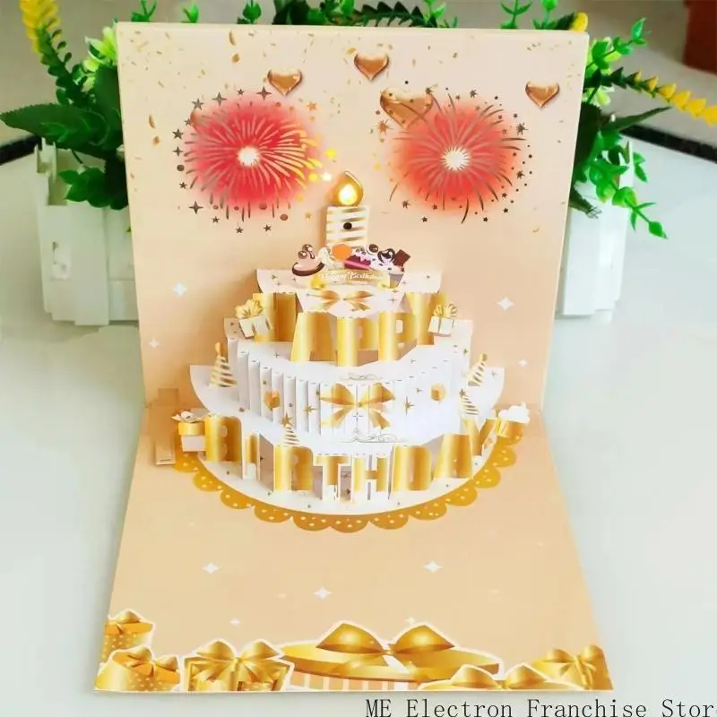 Karty urodzinowe T5EA 3D Tort urodzinowy Karta Pozdrowienia światło i dźwięk karta urodzinowa