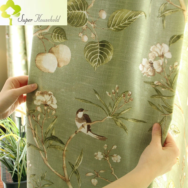 Birds Printed Cotton Linen Curtains for Living Room American Style Window Curtains for Bedroom Thick Curtain Children Room Tende