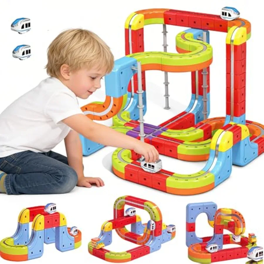 

Electric Train Set for STEM Learning: 2 White Trains, 3D Infinity Tracks, DIY Modular Building Blocks, Freely Assembled Toy Car