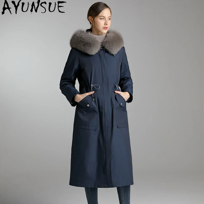 AYUNSUE, ropa de invierno para mujer, abrigo de piel 2020 Natural con Cuello de piel de zorro, Abrigo de Piel de Conejo Rex con capucha, Parkas largas cálidas para mujer 9117