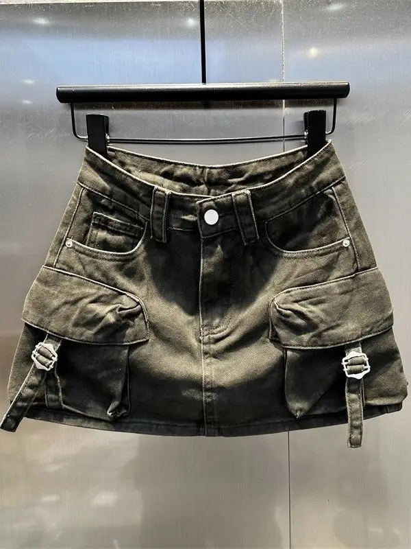

Stylish Motorcycle Wind A-Line Skirt with 3D Pockets Outlet Store Denim Workwear High Waist Korean Style Spring Summer