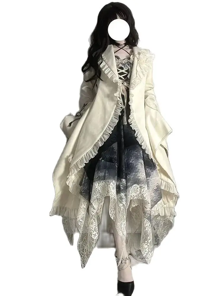 Cappotto giapponese Retro donna pizzo Trim Lace-Up alto basso Steampunk vittoriano gotico Halloween fessura orlo arruffato stampato vestito stretto