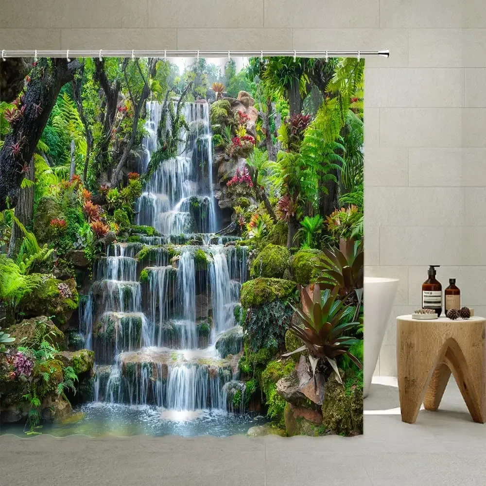 Forest Waterfall Scenery Shower Curtains Courtyard Garden Tropical Tree Water Nature Landscape Bathroom Curtain Polyester Fabric