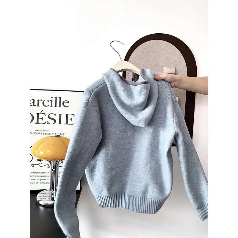 ay الأزرق مقنعين سترة مفتوحة سترة كبيرة الحجم المرأة Dstring محبوك كسول الراقية Sle الخريف الشتاء تخفيف Faion