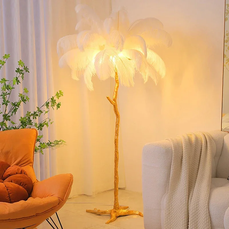 

Modern Feather Lamp Floor Nordic Luxury Bedroom Living Room Resin Floor Light Led Standing Ostrich Feather Floor Lamp