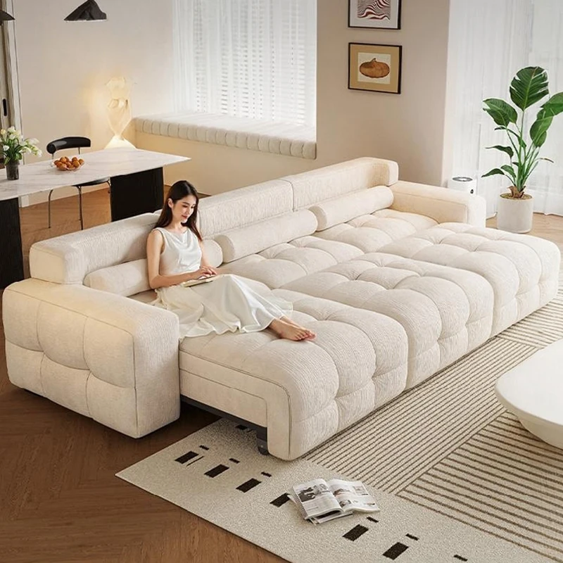 

Electric Telescopic Sofa Cream-style Living Room Three-person Straight Row Comfortable Module Chenille Velvet Fabric Sofa Bed