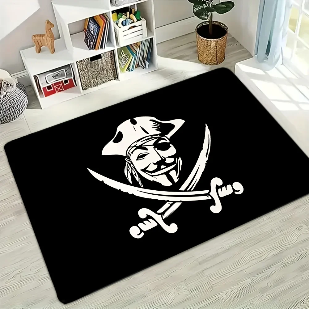 A Single Pirate-Themed Non-Slip Washable Doormat Featuring a Skull And Crossed Swords Design - a Black And White Jolly Roger Pir
