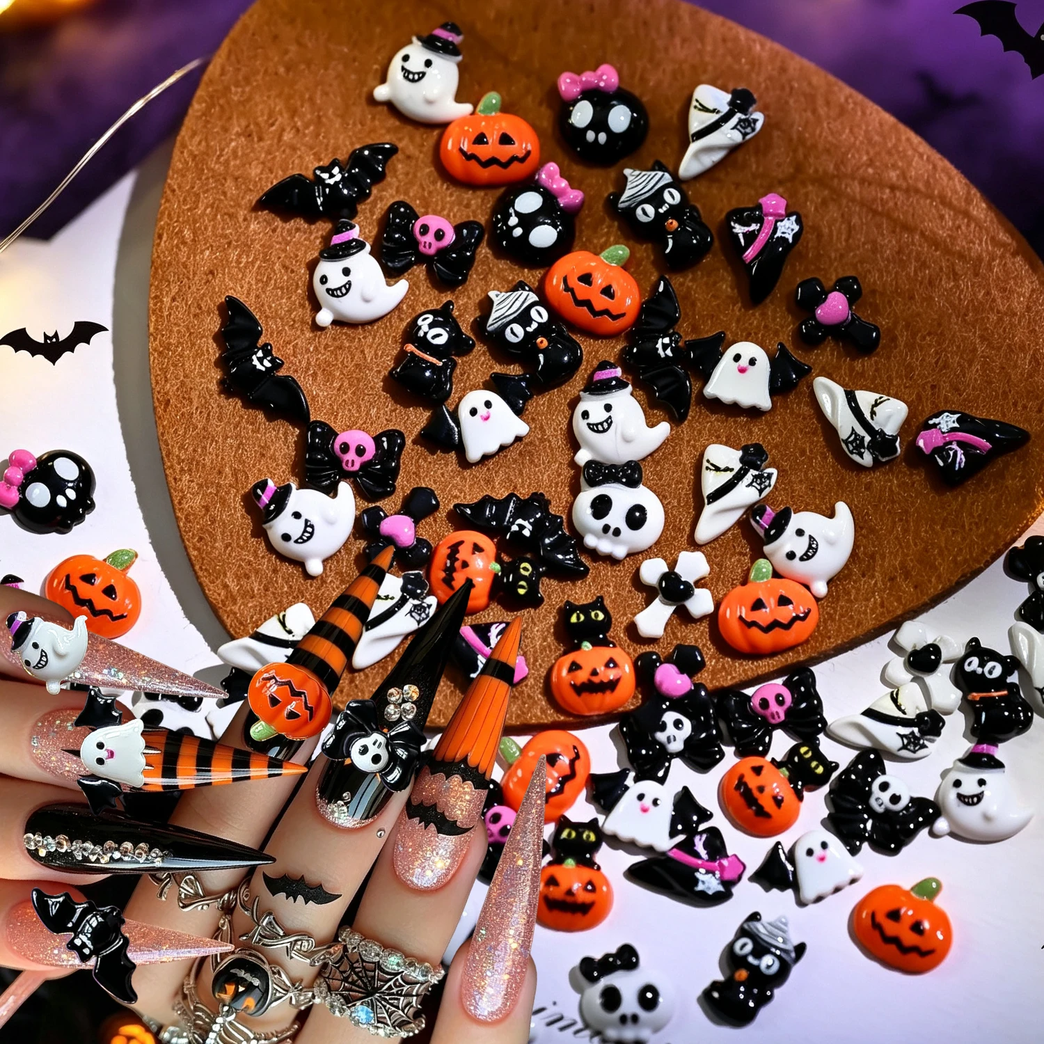 50pcs Kawaii Halloween Nail Art Charms 3D Resin Pumpkin Ghost Bat Black Cat Hat Nail Supplies Y2K Mini Nail Rhinestones Decor %@