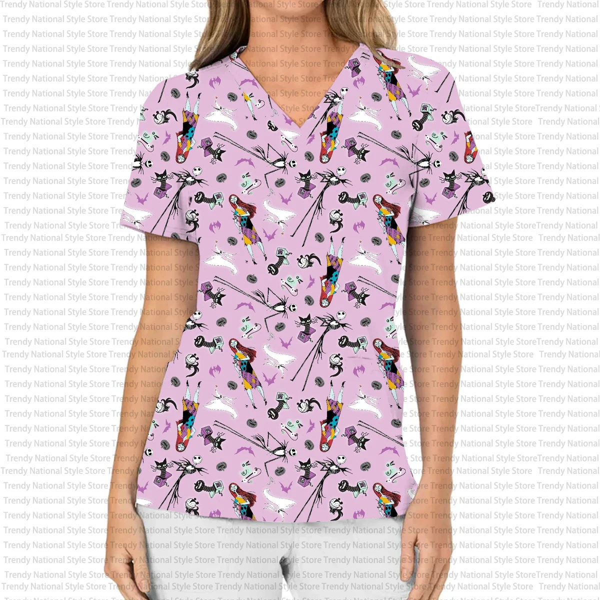 Halloween Nightmare Before Christmas Jack & Sally Print Women's T-shirt V-neck Pocket Scrub Top Dental Beauty Salon Pet Shop Top