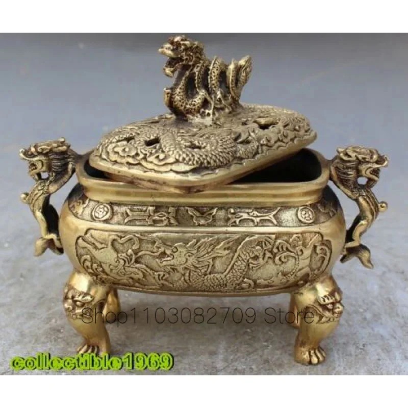 

Marked Chinese Old Bronze Dragon Dragons Fu Foo Dogs Lion Incense Burners Censer