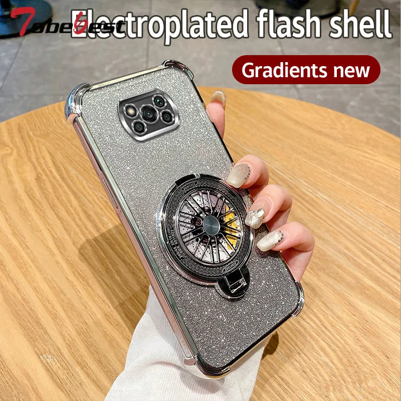 Glitter Shockproof Gradient Plating Gyro phone holder Case For Xiaomi POCO X3 NFC Pro Silicone Cover