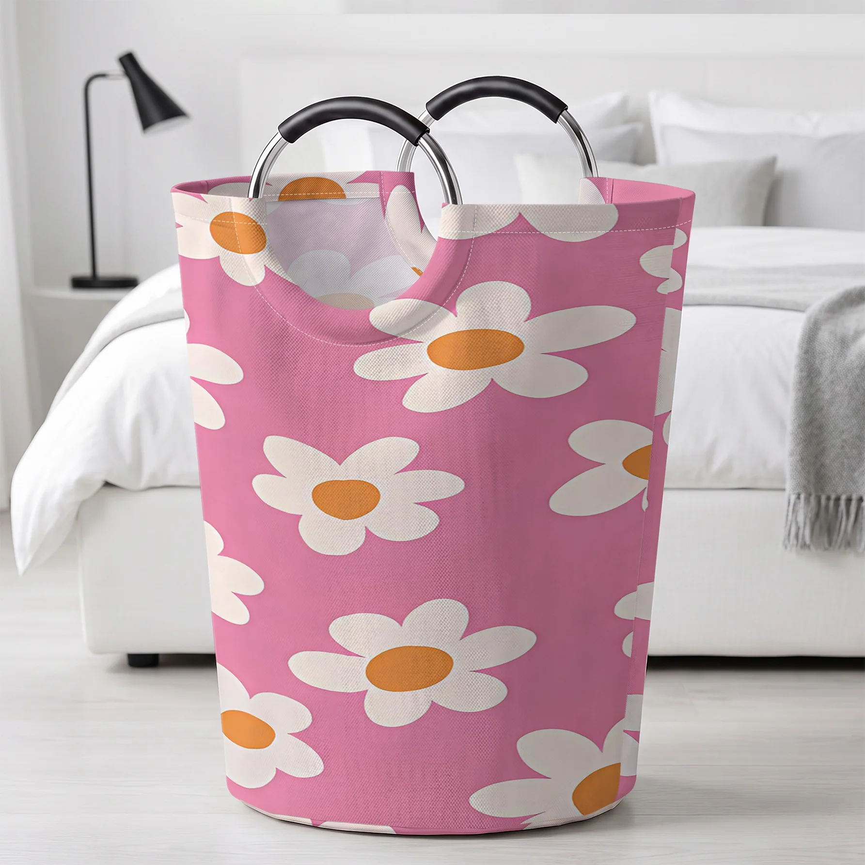 Pink Background Daisy All‑Over Print Handheld Storage Basket, For Laundry, Bedroom & Home Sundries Storage